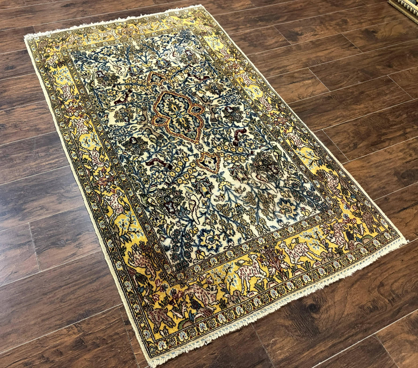 Persian Qum Tree of Life Rug 3.5 x 5.5, Animal Pictorials, Kork Wool with Silk Highlights