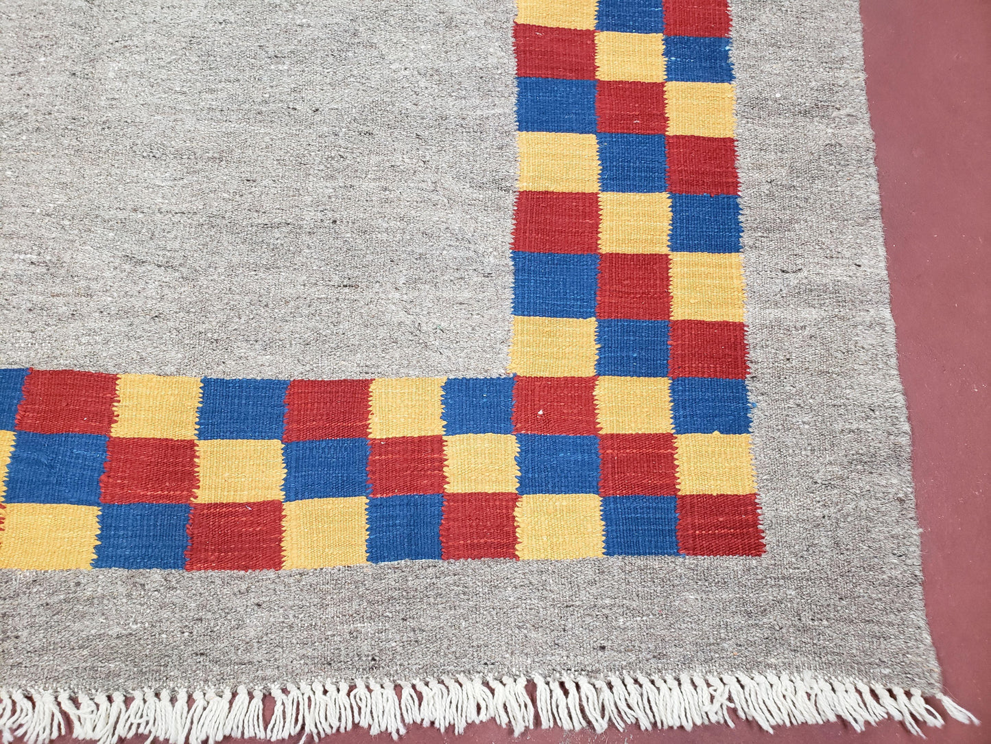 Turkish Kilim Rug Hand Knotted Wool Area Rug 5 Ft 6 In By 8 Ft Gray With Colorful Checker Border
