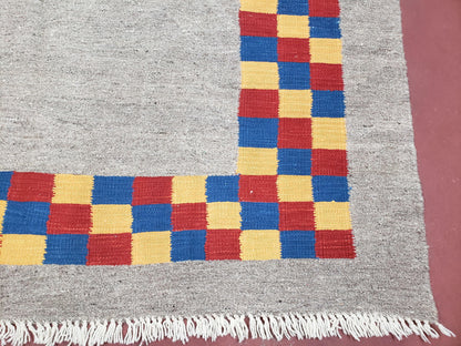 Turkish Kilim Rug Hand Knotted Wool Area Rug 5 Ft 6 In By 8 Ft Gray With Colorful Checker Border