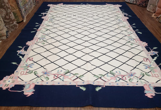 Vintage Dhurrie Rug, Indian Dhurrie 8x11 - 9x11, Wool Hand-Woven Ivory & Black Indo Carpet, Large Flat Weave Rug Living Room Rug Black White