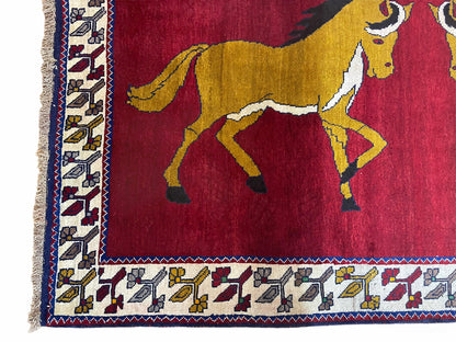 Handmade Hand Knotted Wool Rug Gabbeh 4x7 Horses Zagros Red Mustard Gold New