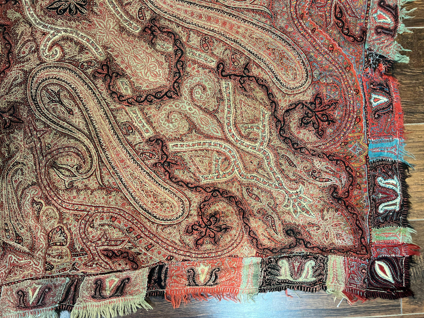 Antique Kashmiri Shawl Handwoven Wool Needlework Signed By Masterweaver Rare