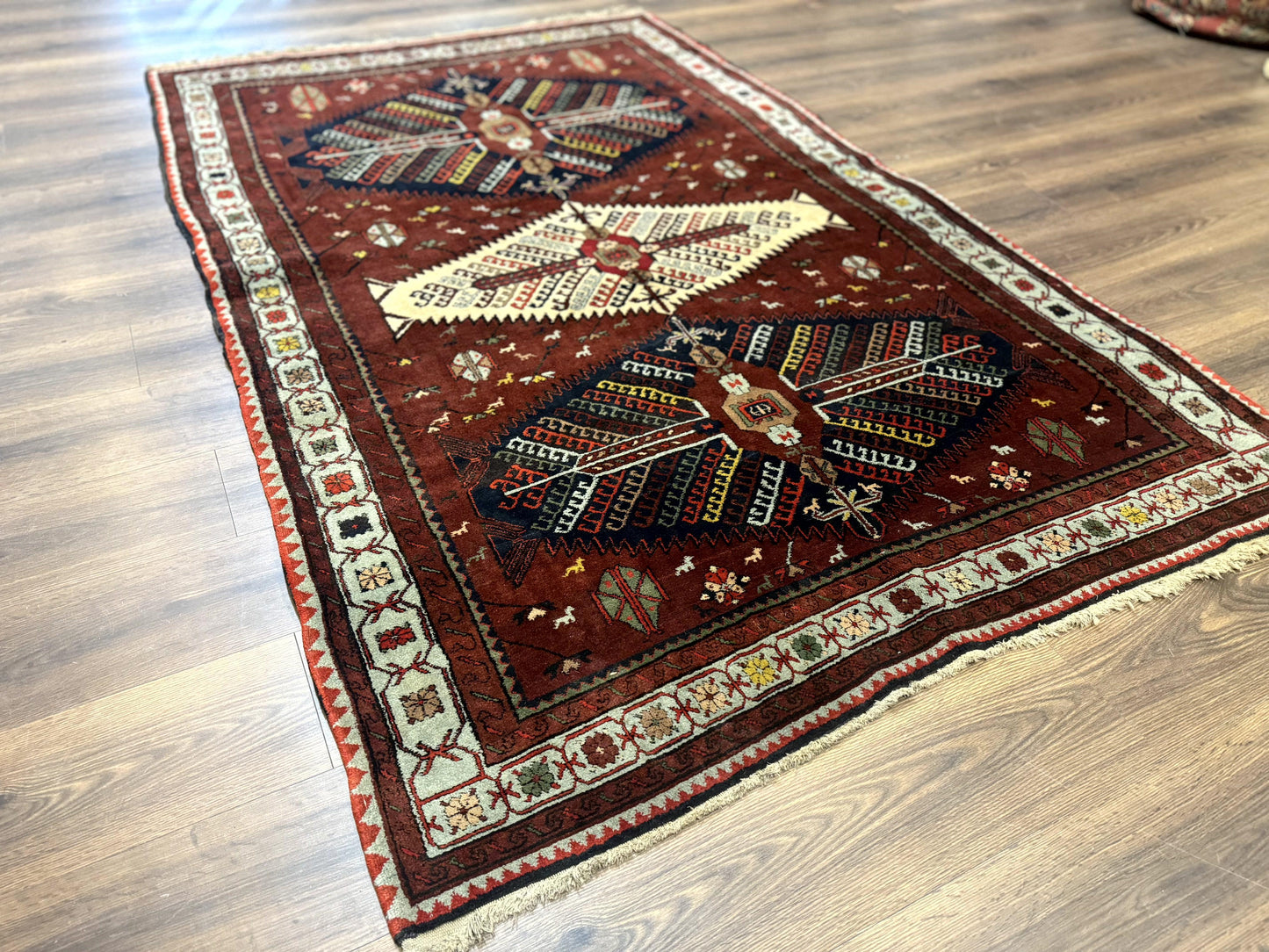 Antique Persian Tribal Rug 5 x 7.8, Triple Medallions, Red, Persian Afshar Rug