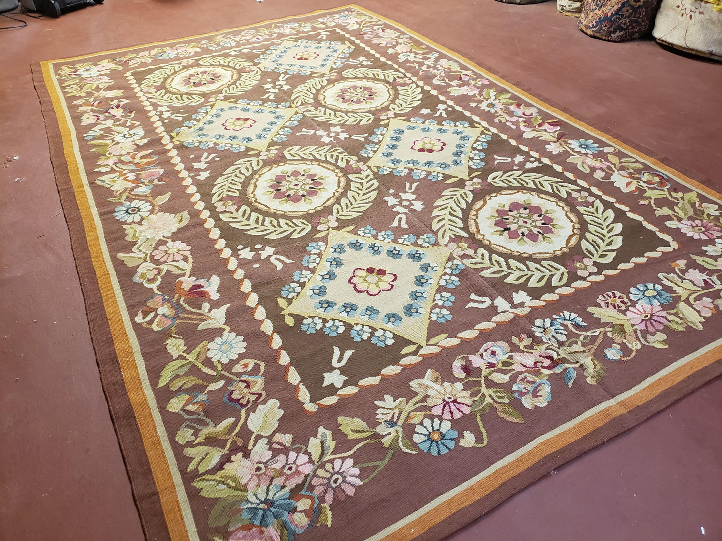 Aubusson Rug 6x9 Handmade Wool Flat Weave With Floral European Design