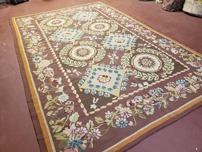 Aubusson Rug 6x9 Handmade Wool Flat Weave With Floral European Design
