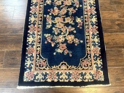 Blue And Beige Chinese Wool Rug 3x6 Peking Antique Hand Knotted Carpet