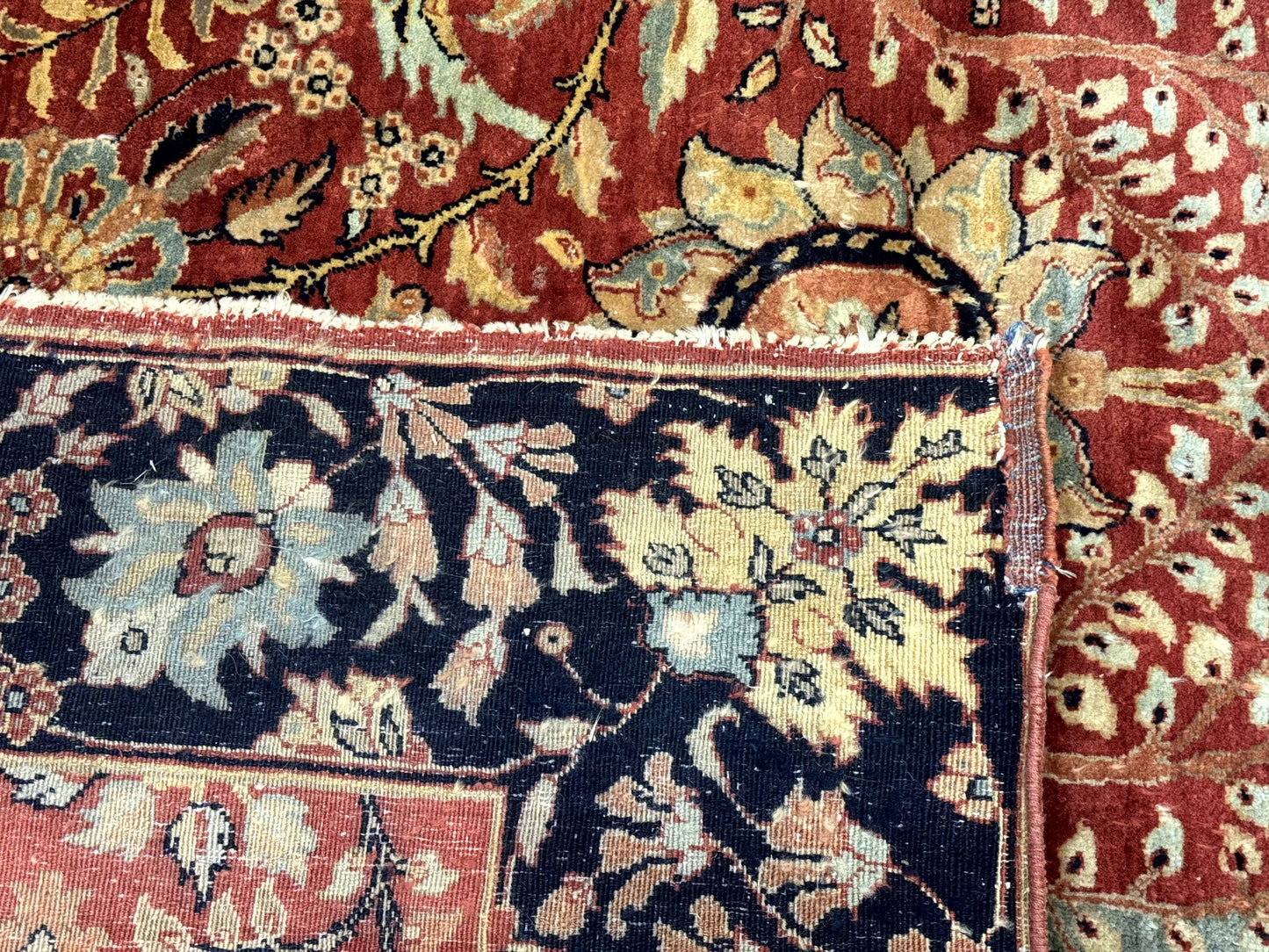 Indian Agra Rug 9x11, Terracotta and Navy Blue, Sickle Leaf Rug