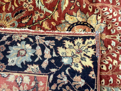 Indian Agra Rug 9x11, Terracotta and Navy Blue, Sickle Leaf Rug