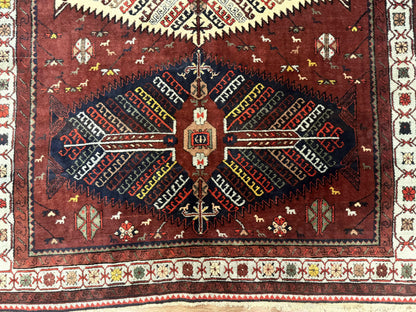 Antique Persian Tribal Rug 5 x 7.8, Triple Medallions, Red, Persian Afshar Rug