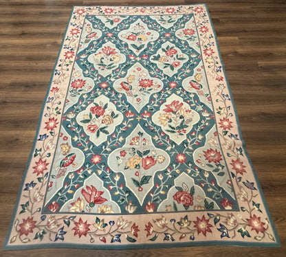 Teal Needlepoint Rug 6x9, Panel Design, Floral Bouquets, Handmade