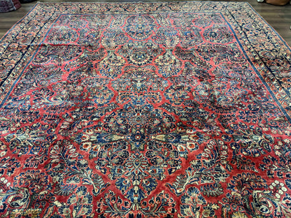 Persian Sarouk Rug 10x16 Palace Size Antique Red Carpet With Floral Medallion