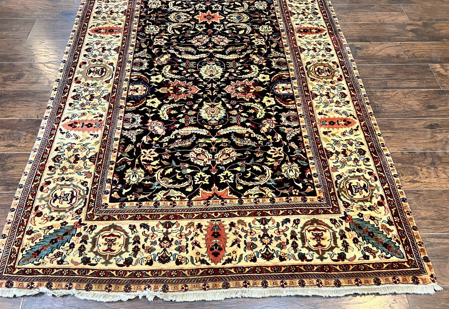 Indo Persian Rug 5x15, Wide Runner Rug 5 x 15 ft, Wool Hand Knotted Vintage Carpet, Black & Cream, Floral Allover Long Oriental Rug