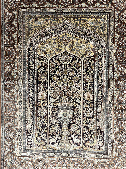 Turkish Hereke Silk Rug 2x3 Floral Vase Tree Of Life Birds Vintage Carpet