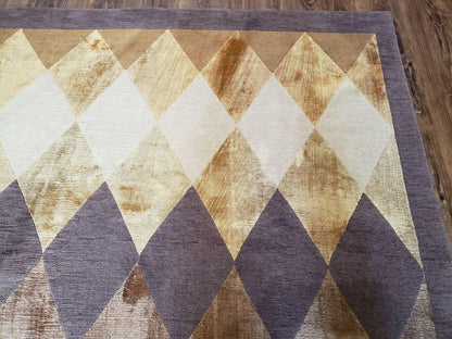 Hand Knotted Tibetan Rug 8.6 x 11 Wool and Silk Multicolor Diamond Panel Design