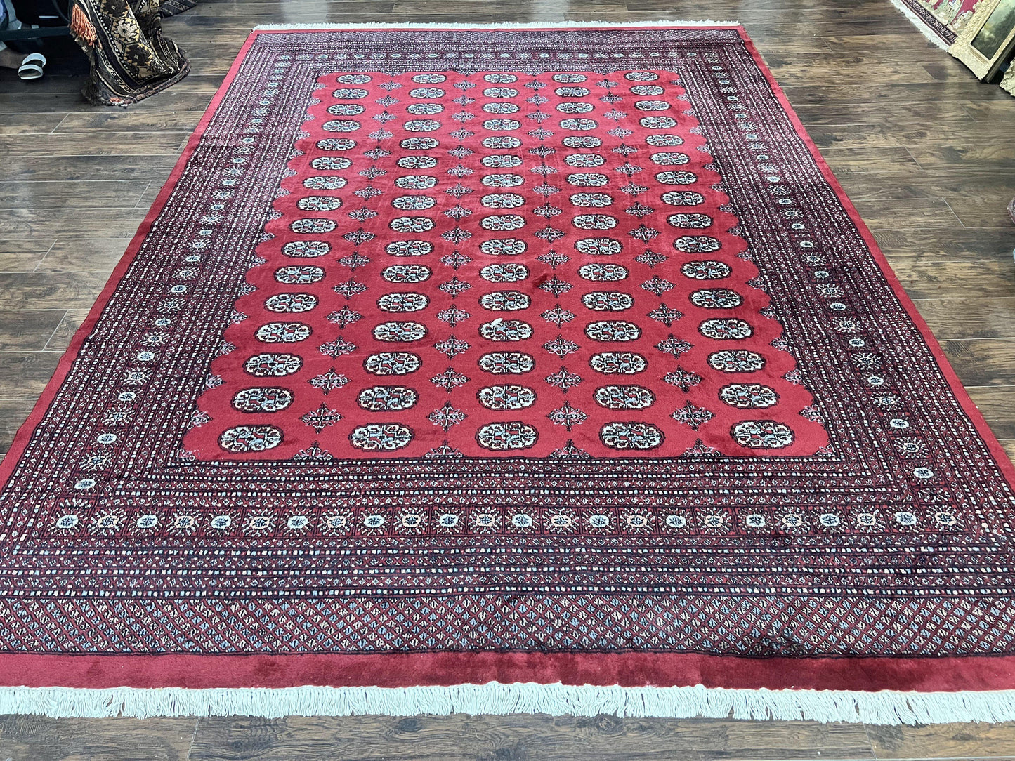 Turkoman Rug 8 x 11.6 Red Bokhara Pakistani Wool Handmade Vintage Carpet