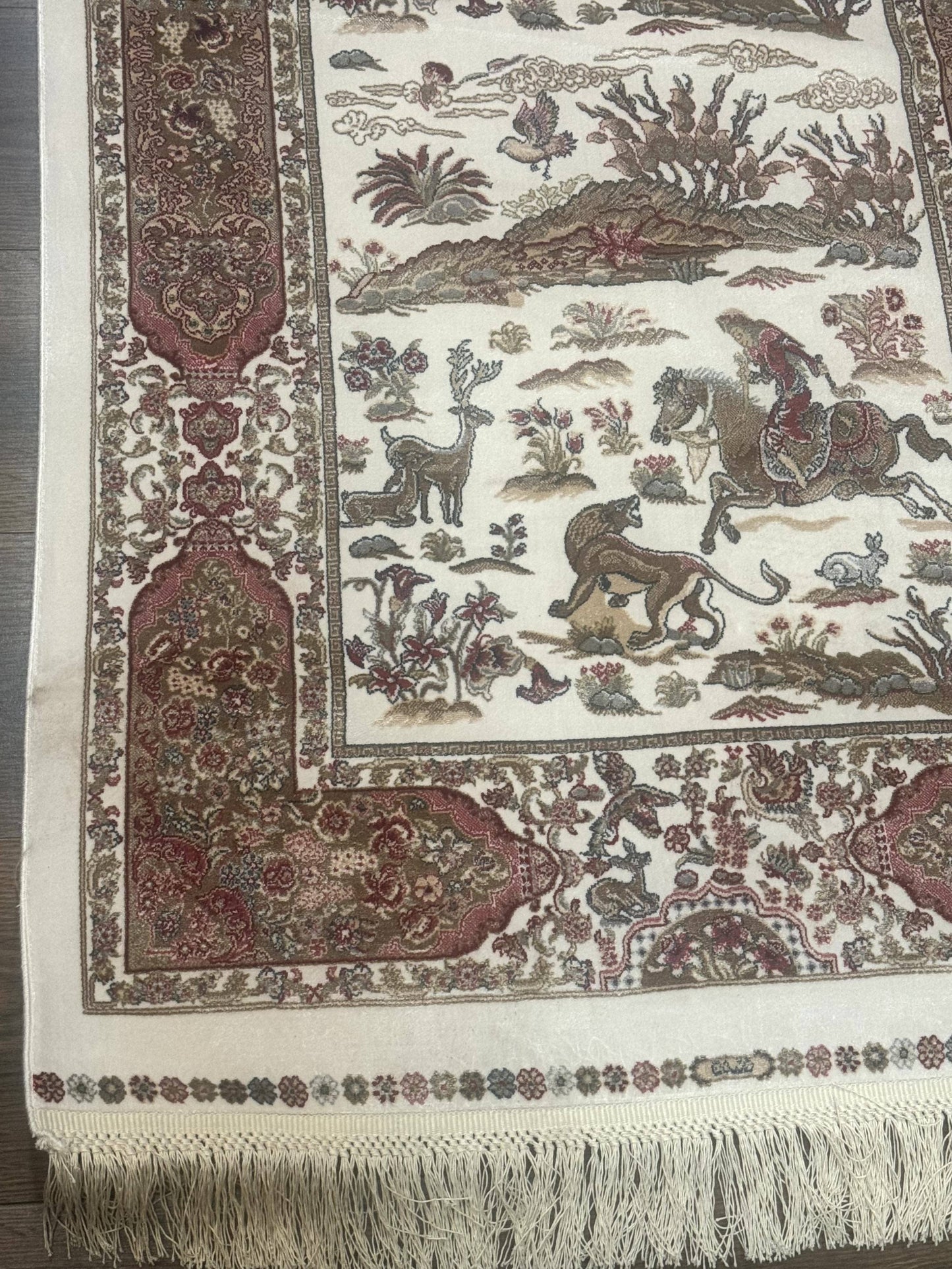 Long Turkish Silk Runner Rug 2.6 x 16.5, Hunting Design, Ivory, Bamboo Silk, New