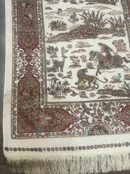 Long Turkish Silk Runner Rug 2.6 x 16.5, Hunting Design, Ivory, Bamboo Silk, New