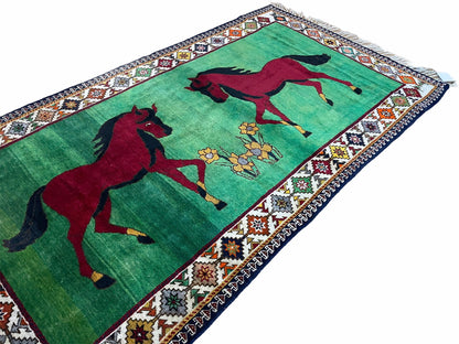 Handmade Wool Pictorial Horses Rug 4x7 Green Butterfly Colorful
