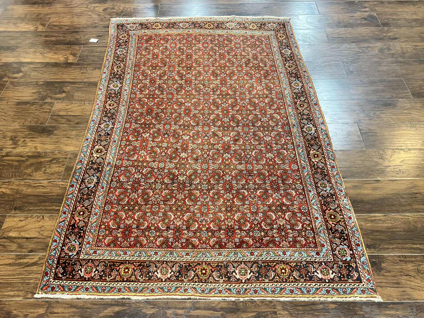 Antique Persian Bidjar Rug 5x7, Repeated Allover Herati Pattern, Red, Handmade Wool Carpet