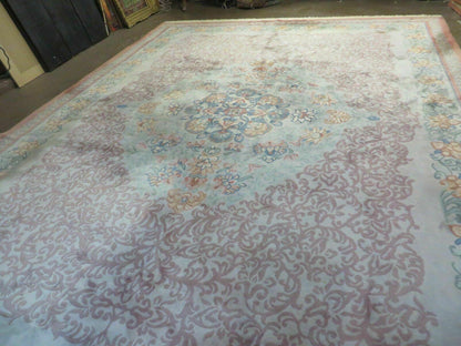Vintage Handmade Chinese Wool Rug Floral Design 9 by 12 Feet