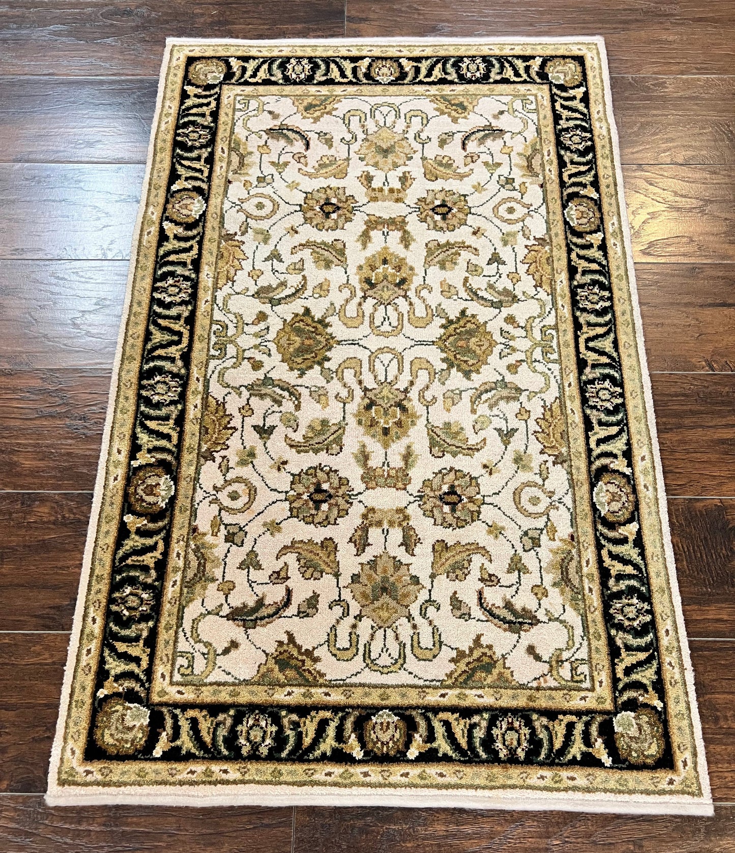 Small Indo Mahal Rug Hand Knotted Wool Vintage Oriental Carpet Beige Tan Black