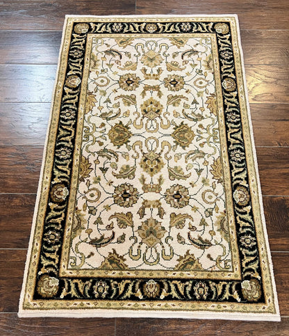 Small Indo Mahal Rug Hand Knotted Wool Vintage Oriental Carpet Beige Tan Black