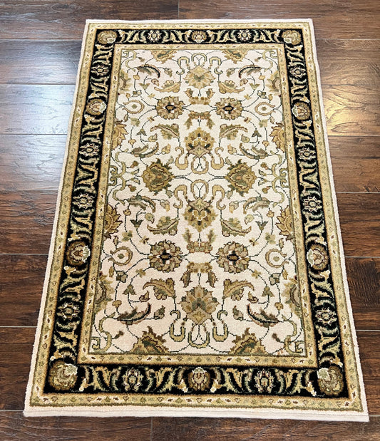 Small Indo Mahal Rug Hand Knotted Wool Vintage Oriental Carpet Beige Tan Black