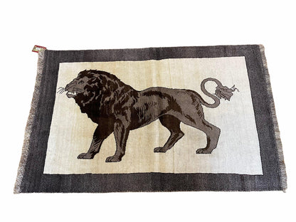 Handmade Lion Rug 3x5 Wool Hand Knotted Brown Beige Vintage Quality