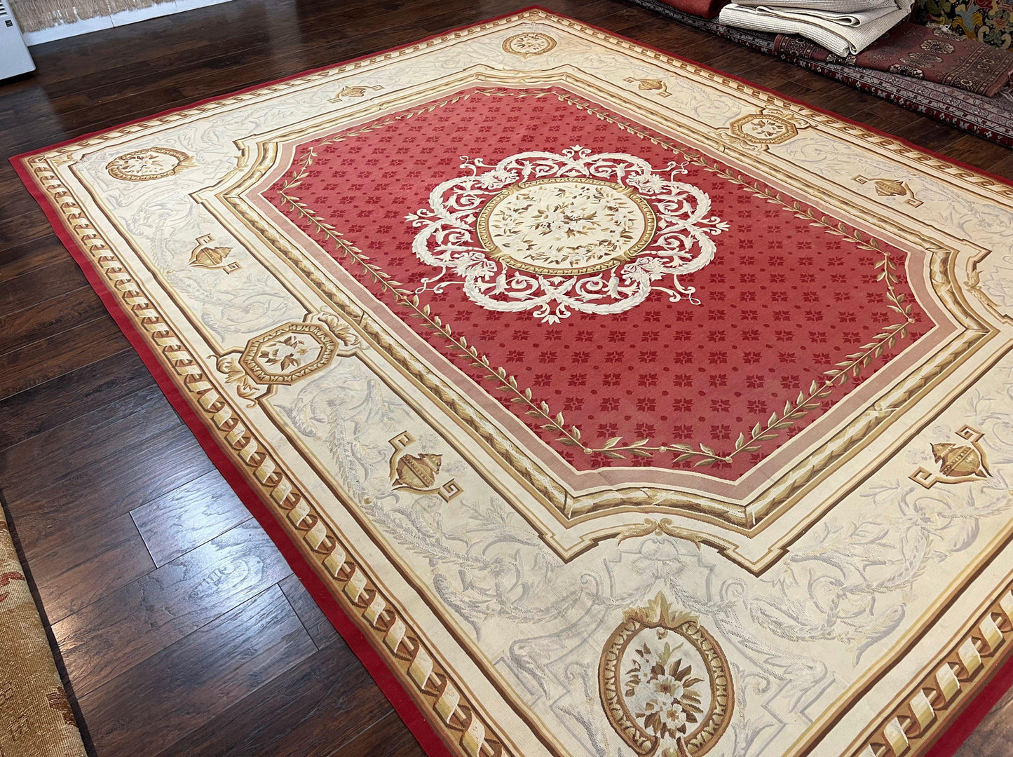 Elegant Aubusson Rug 9x12 Handmade Wool Carpet Red Ivory Vintage French Design