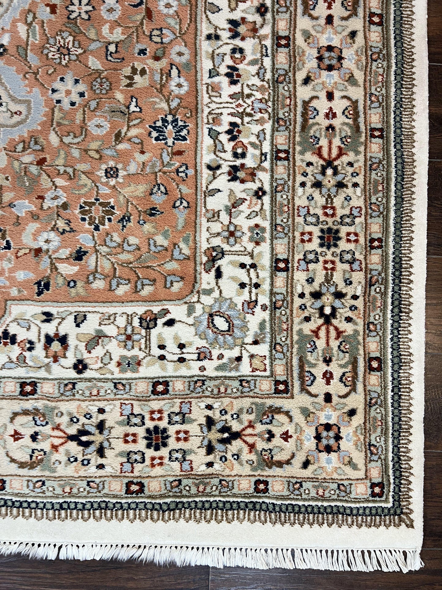 Indo Persian Rug 6x9, Wool Hand Knotted Vintage Carpet, Salmon & Ivory, Traditional Oriental Rug 6 x 9