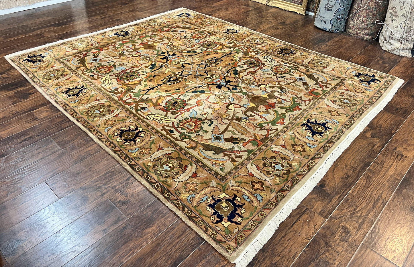 Indian Agra Rug 8x10, Wool Vintage Handmade Carpet, Gray Brown