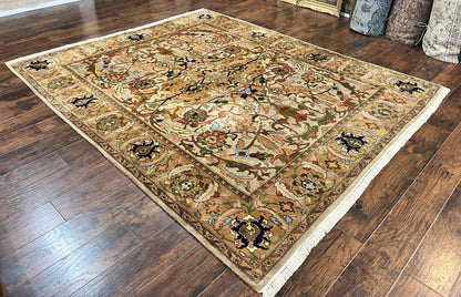 Indian Agra Rug 8x10, Wool Vintage Handmade Carpet, Gray Brown