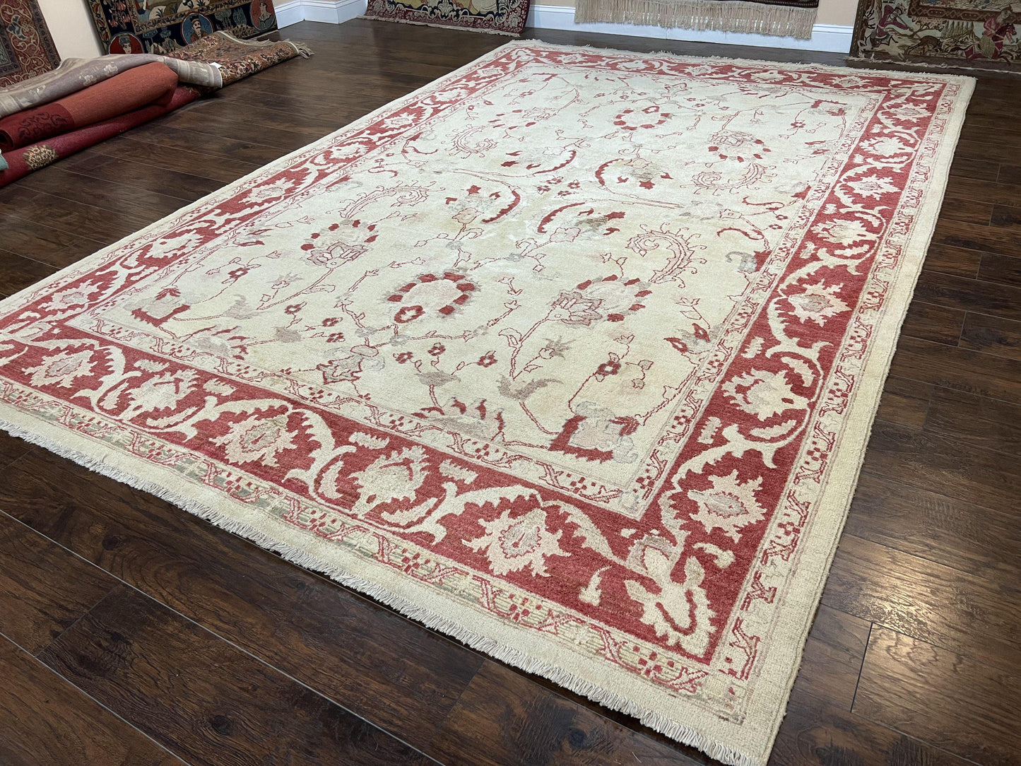 Peshawar Rug 8x12 Pakistani Carpet, Oriental Rug 8 x 12 Chobi Rug, Beige and Red, Allover Large Floral Design, Hand Knotted Vintage Wool