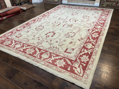 Peshawar Rug 8x12 Pakistani Carpet, Oriental Rug 8 x 12 Chobi Rug, Beige and Red, Allover Large Floral Design, Hand Knotted Vintage Wool