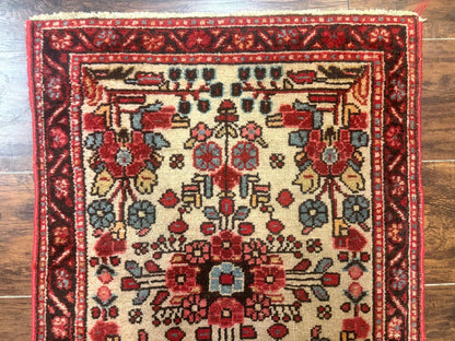 Small Antique Persian Rug 2x3, Beige and Red, Floral, Wool, Hamadan Rug