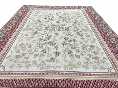 Aubusson Needlepoint Rug Traditional 9x12 Handmade Wool Floral Cream Green Maroon