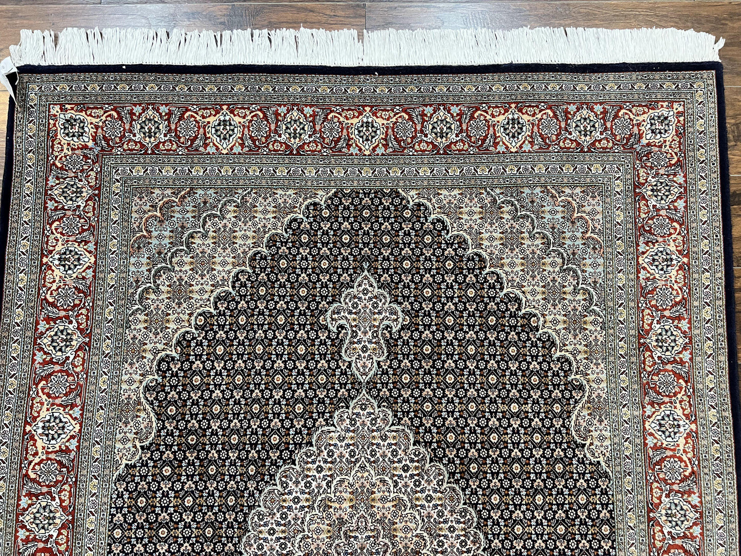 Persian Tabriz Rug 5x7, Wool with Silk Highlights, Hand Knotted Vintage Oriental Carpet, Very Fine, Herati Mahi Pattern, Black, Rare