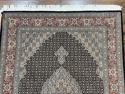 Persian Tabriz Rug 5x7, Wool with Silk Highlights, Hand Knotted Vintage Oriental Carpet, Very Fine, Herati Mahi Pattern, Black, Rare