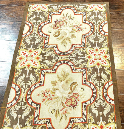 Needlepoint Runner Rug 9.8 Ft Handwoven Wool Floral Brown Beige European Design