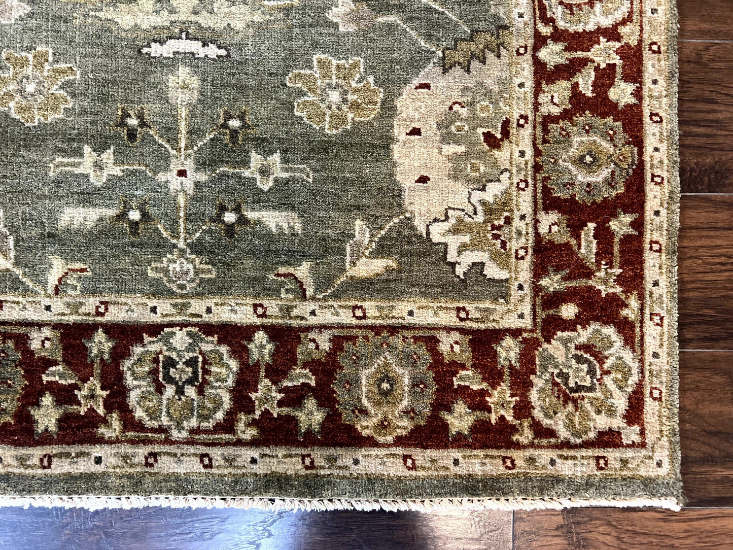 Indo Oushak Rug 4x6 Hand Knotted Wool Vintage Floral Green Maroon