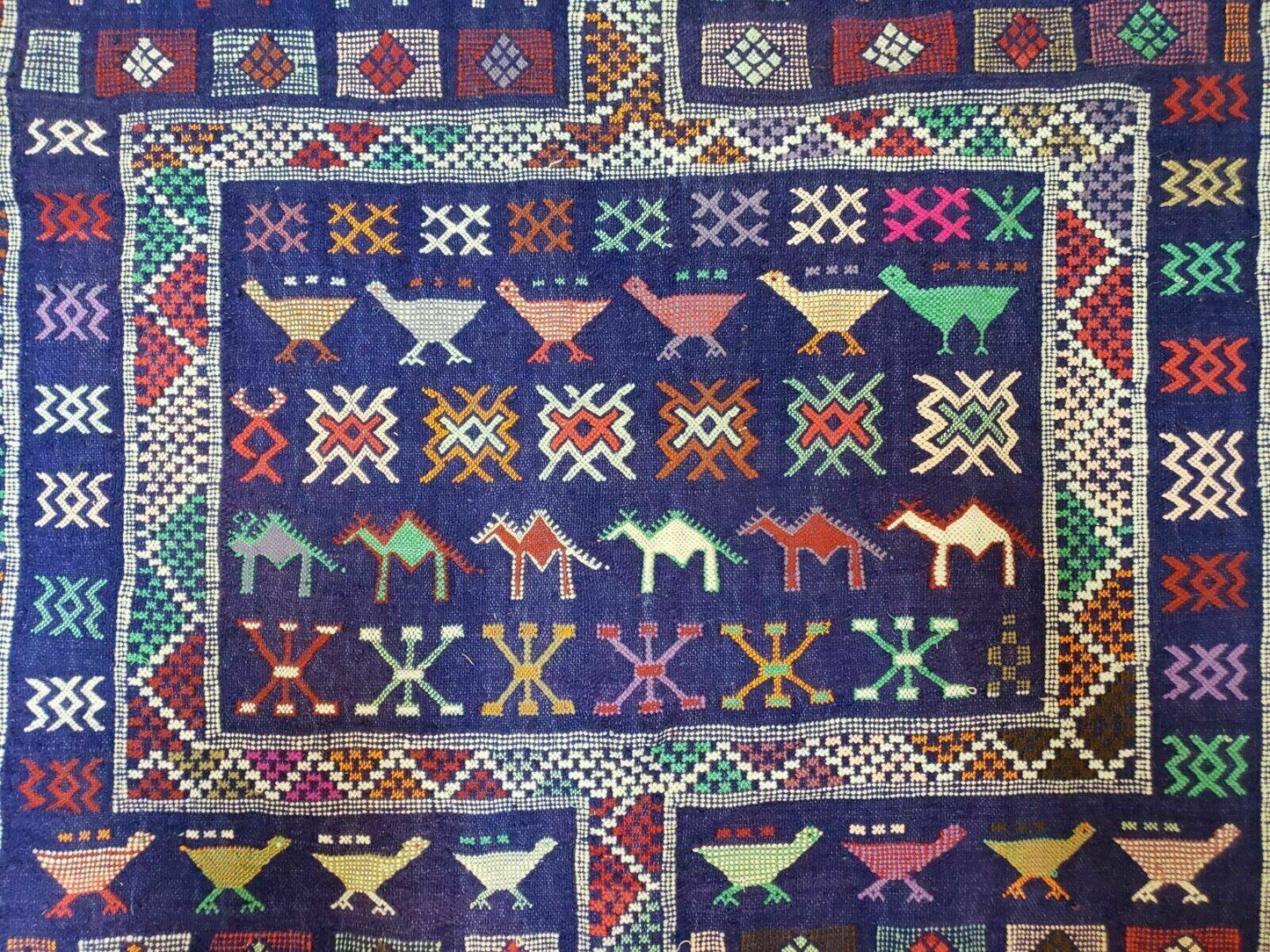 3' X 7' Vintage Handmade Indian Wool Kilim Flat weave Rug Camel Birds Blue Geometric Short Runner