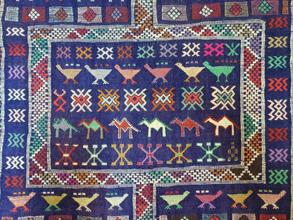 3' X 7' Vintage Handmade Indian Wool Kilim Flat weave Rug Camel Birds Blue Geometric Short Runner