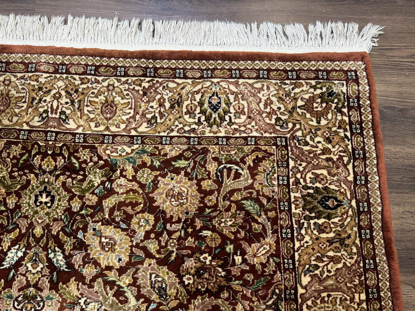 Tree Of Life Kashmiri Rug 6x9 Indian Wool Hand Knotted Rust Red Cream Animal Pictorials