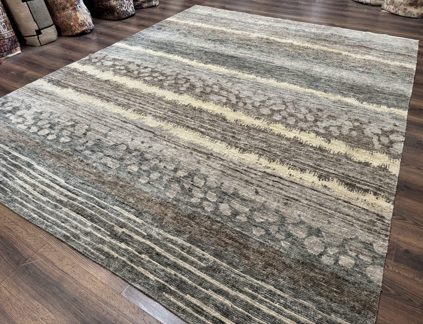 Modern Tibetan Wool Rug 8x10, Abstract, Contemporary, Handmade, Gray, Stripes