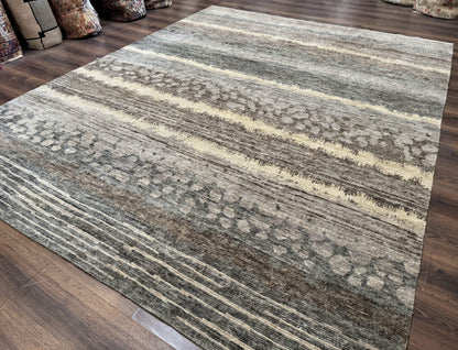 Modern Tibetan Wool Rug 8x10, Abstract, Contemporary, Handmade, Gray, Stripes