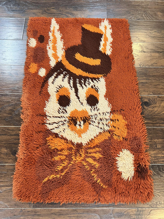 Rya Shag Rug 2x4, Rabbit in Top Hat, Wool, Orange, Vintage 1960s Danish Shag Rug