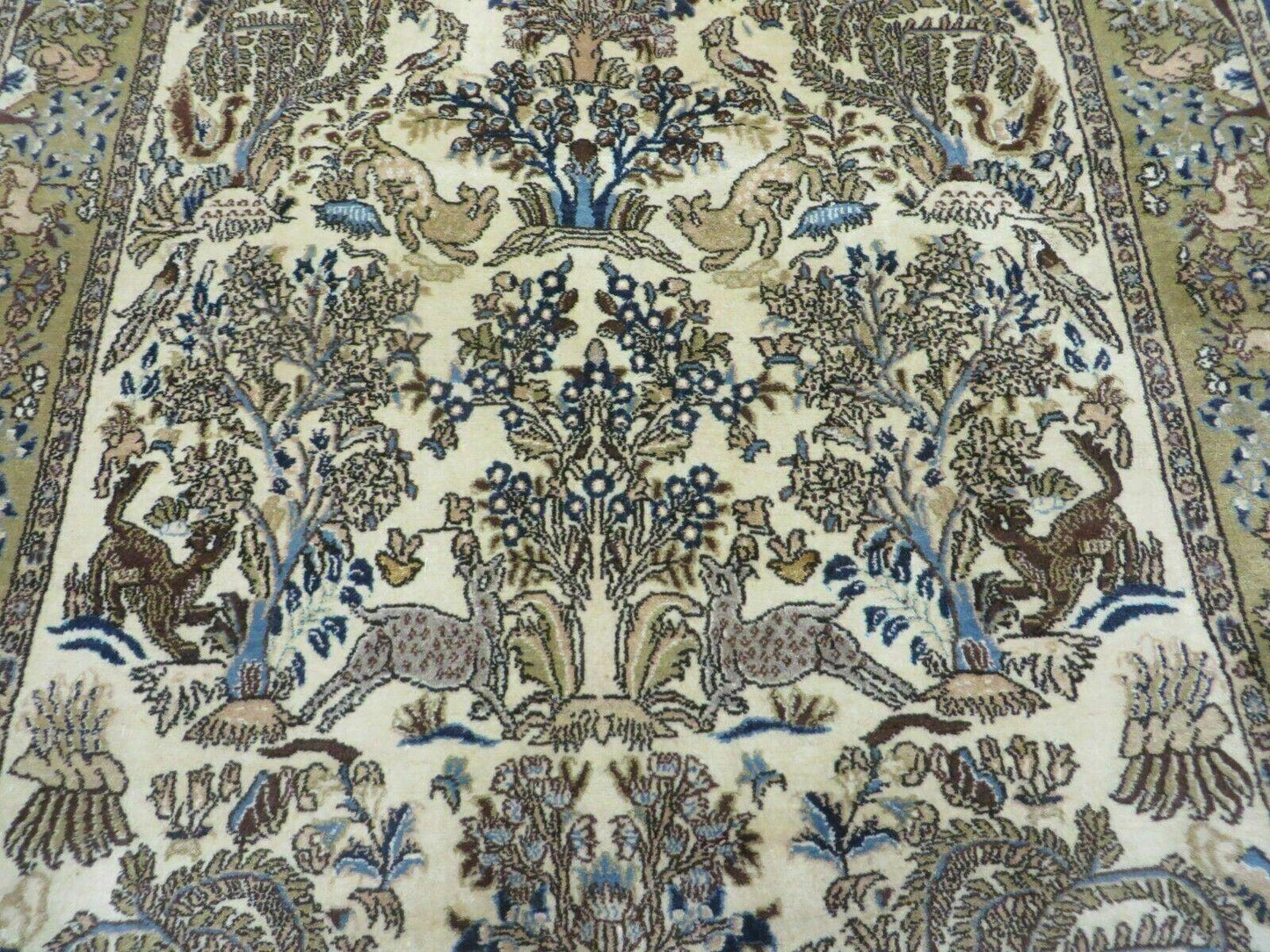 Handmade India Tree Of Life Rug Wool Silk 4x6 Oriental Pictorial Birds Deer Vintage 1960s