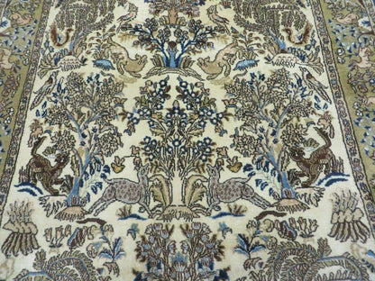 Handmade India Tree Of Life Rug Wool Silk 4x6 Oriental Pictorial Birds Deer Vintage 1960s