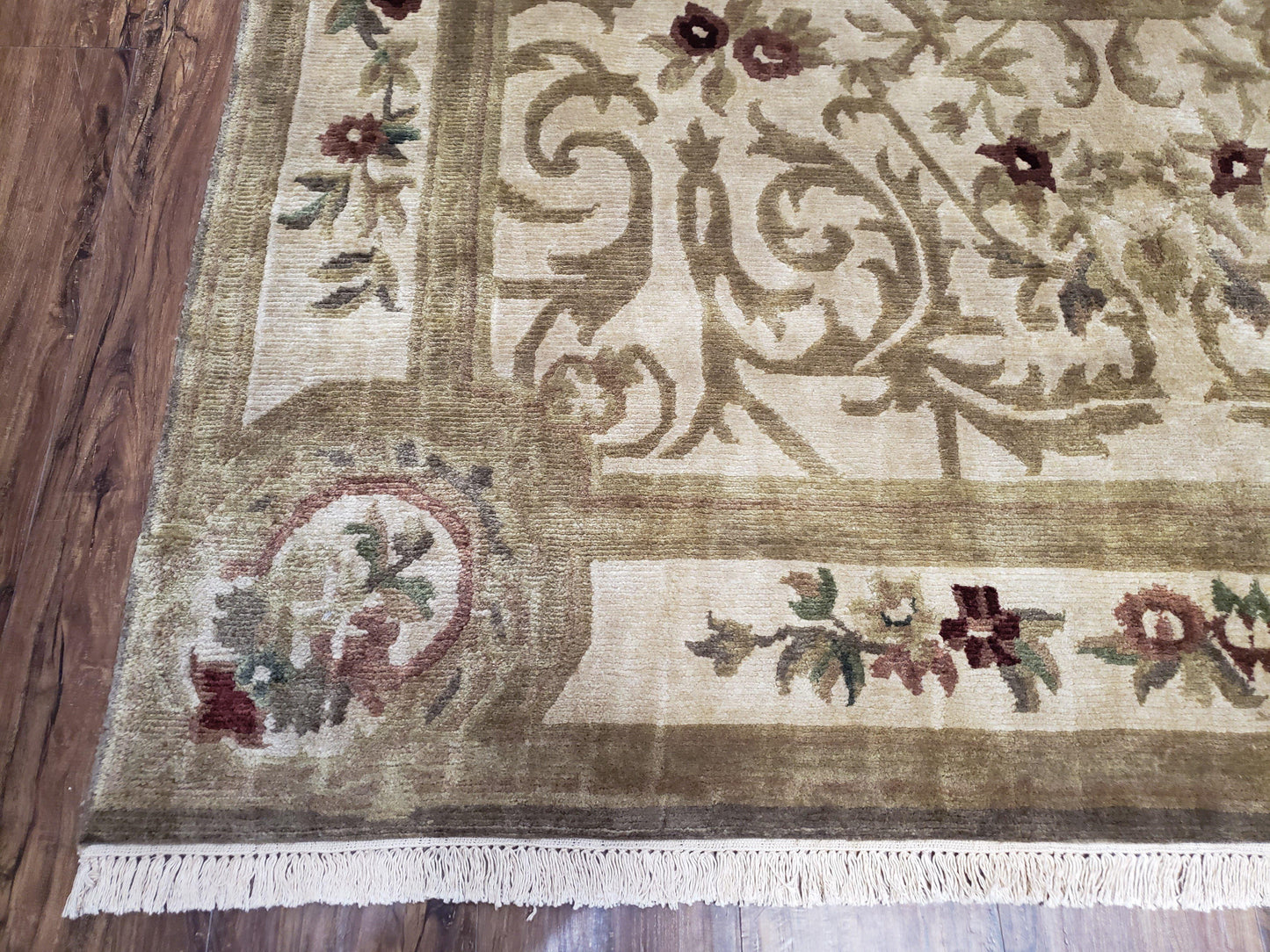 Vintage Nepali Tibetan Aubusson Rug 6x9, Wool Hand-Knotted Cream Beige Carpet, Leaves & Floral Pattern 6 x 9 Soft Area Rug Home Office Rug