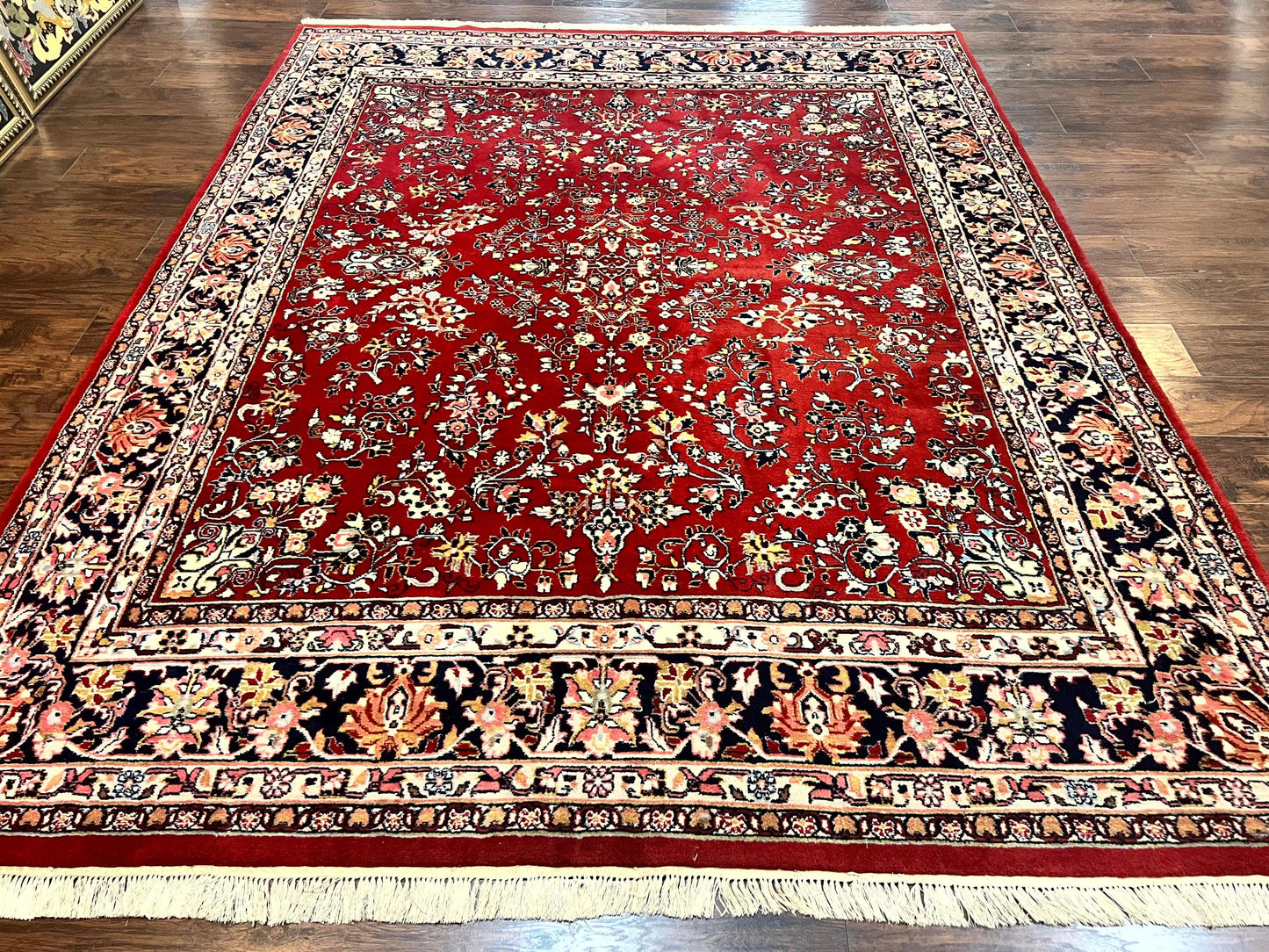 Indo Persian Sarouk Rug 8x10, Red, Floral Allover, Handmade Vintage Wool Carpet, Traditional Rug
